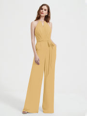 Halter Neckline Sleeveless Chiffon Pleated Jumpsuit Gold