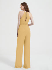 Halter Neckline Sleeveless Chiffon Pleated Jumpsuit Gold