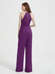 Halter Neckline Sleeveless Chiffon Pleated Jumpsuit Grape