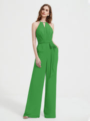 Halter Neckline Sleeveless Chiffon Pleated Jumpsuit Green Plus Size