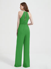 Halter Neckline Sleeveless Chiffon Pleated Jumpsuit Green Plus Size