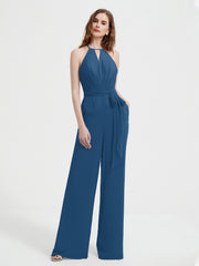 Halter Neckline Sleeveless Chiffon Pleated Jumpsuit Ink Blue Plus Size