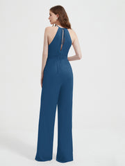 Halter Neckline Sleeveless Chiffon Pleated Jumpsuit Ink Blue Plus Size