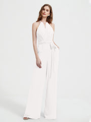 Halter Neckline Sleeveless Chiffon Pleated Jumpsuit Ivory