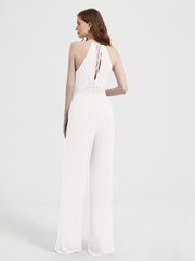 Halter Neckline Sleeveless Chiffon Pleated Jumpsuit Ivory
