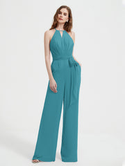 Halter Neckline Sleeveless Chiffon Pleated Jumpsuit Jade
