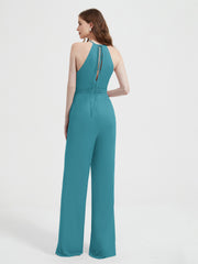Halter Neckline Sleeveless Chiffon Pleated Jumpsuit Jade