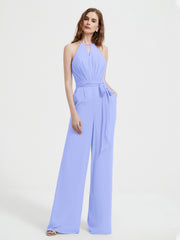Halter Neckline Sleeveless Chiffon Pleated Jumpsuit Lavender
