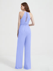 Halter Neckline Sleeveless Chiffon Pleated Jumpsuit Lavender