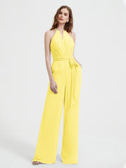 Halter Neckline Sleeveless Chiffon Pleated Jumpsuit Lemon