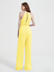 Halter Neckline Sleeveless Chiffon Pleated Jumpsuit Lemon