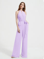 Halter Neckline Sleeveless Chiffon Pleated Jumpsuit Lilac Plus Size