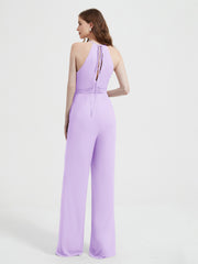 Halter Neckline Sleeveless Chiffon Pleated Jumpsuit Lilac