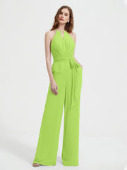 Halter Neckline Sleeveless Chiffon Pleated Jumpsuit Lime Green