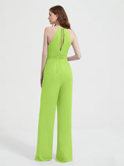 Halter Neckline Sleeveless Chiffon Pleated Jumpsuit Lime Green Plus Size