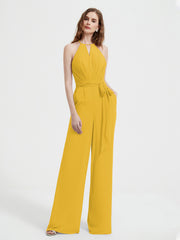 Halter Neckline Sleeveless Chiffon Pleated Jumpsuit Marigold