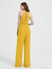 Halter Neckline Sleeveless Chiffon Pleated Jumpsuit Marigold