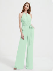 Halter Neckline Sleeveless Chiffon Pleated Jumpsuit Mint Green