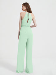 Halter Neckline Sleeveless Chiffon Pleated Jumpsuit Mint Green Plus Size