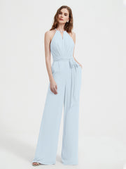 Halter Neckline Sleeveless Chiffon Pleated Jumpsuit Mist