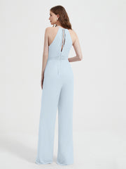 Halter Neckline Sleeveless Chiffon Pleated Jumpsuit Mist