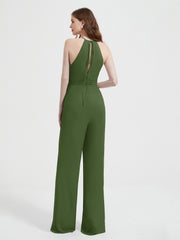 Halter Neckline Sleeveless Chiffon Pleated Jumpsuit Moss