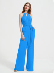 Halter Neckline Sleeveless Chiffon Pleated Jumpsuit Ocean Blue