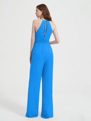 Halter Neckline Sleeveless Chiffon Pleated Jumpsuit Ocean Blue