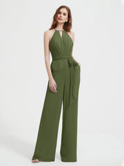 Halter Neckline Sleeveless Chiffon Pleated Jumpsuit Olive Green Plus Size