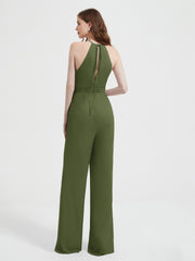 Halter Neckline Sleeveless Chiffon Pleated Jumpsuit Olive Green