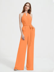 Halter Neckline Sleeveless Chiffon Pleated Jumpsuit Orange Plus Size