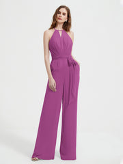 Halter Neckline Sleeveless Chiffon Pleated Jumpsuit Orchid