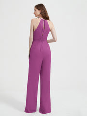 Halter Neckline Sleeveless Chiffon Pleated Jumpsuit Orchid