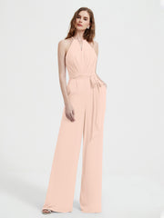Halter Neckline Sleeveless Chiffon Pleated Jumpsuit Pearl Pink Plus Size