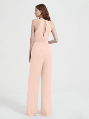 Halter Neckline Sleeveless Chiffon Pleated Jumpsuit Pearl Pink Plus Size