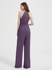 Halter Neckline Sleeveless Chiffon Pleated Jumpsuit Plum