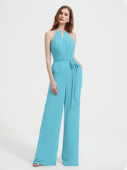 Halter Neckline Sleeveless Chiffon Pleated Jumpsuit Pool Plus Size