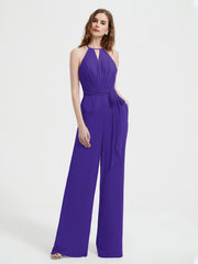 Halter Neckline Sleeveless Chiffon Pleated Jumpsuit Regency