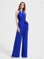 Halter Neckline Sleeveless Chiffon Pleated Jumpsuit Royal Blue