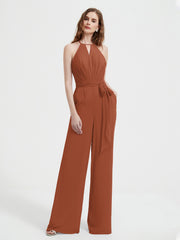 Halter Neckline Sleeveless Chiffon Pleated Jumpsuit Rust