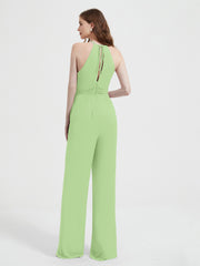 Halter Neckline Sleeveless Chiffon Pleated Jumpsuit Sage