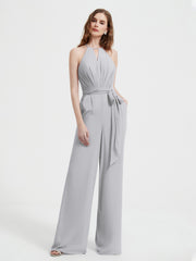 Halter Neckline Sleeveless Chiffon Pleated Jumpsuit Silver