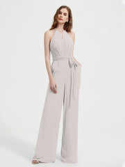 Halter Neckline Sleeveless Chiffon Pleated Jumpsuit Silver