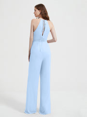 Halter Neckline Sleeveless Chiffon Pleated Jumpsuit Sky Blue