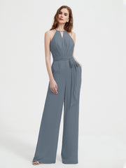 Halter Neckline Sleeveless Chiffon Pleated Jumpsuit Slate Blue Plus Size