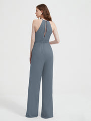 Halter Neckline Sleeveless Chiffon Pleated Jumpsuit Slate Blue