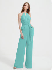 Halter Neckline Sleeveless Chiffon Pleated Jumpsuit Spa