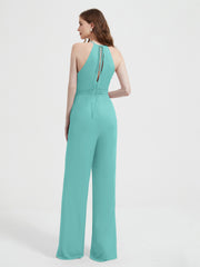 Halter Neckline Sleeveless Chiffon Pleated Jumpsuit Spa