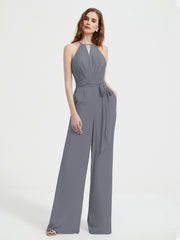 Halter Neckline Sleeveless Chiffon Pleated Jumpsuit Steel Grey Plus Size
