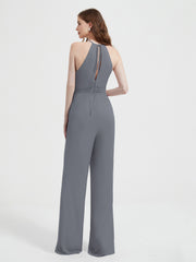 Halter Neckline Sleeveless Chiffon Pleated Jumpsuit Steel Grey